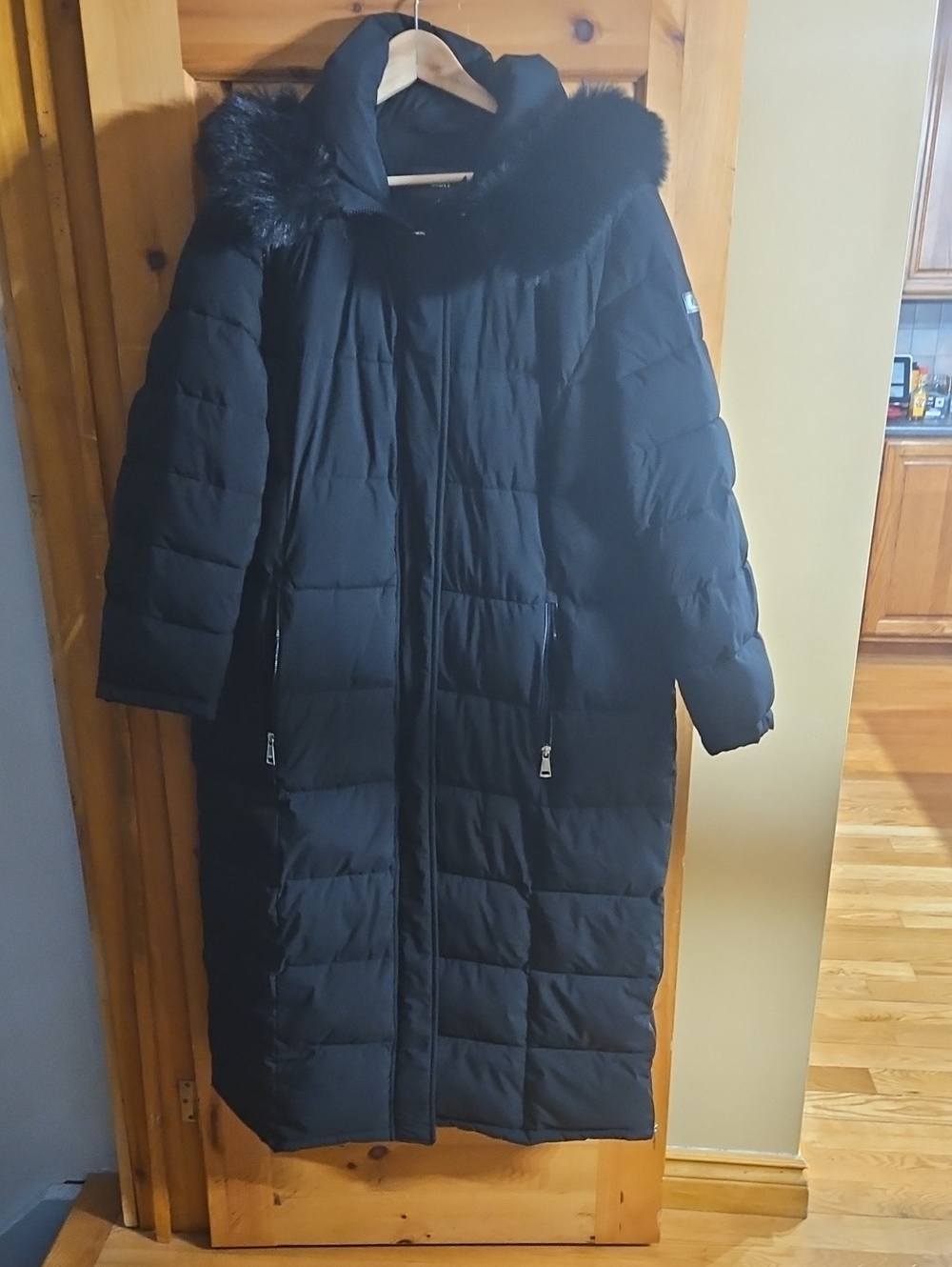 DKNY Black Long Quilted Puffer Coat with Faux Fur Hood